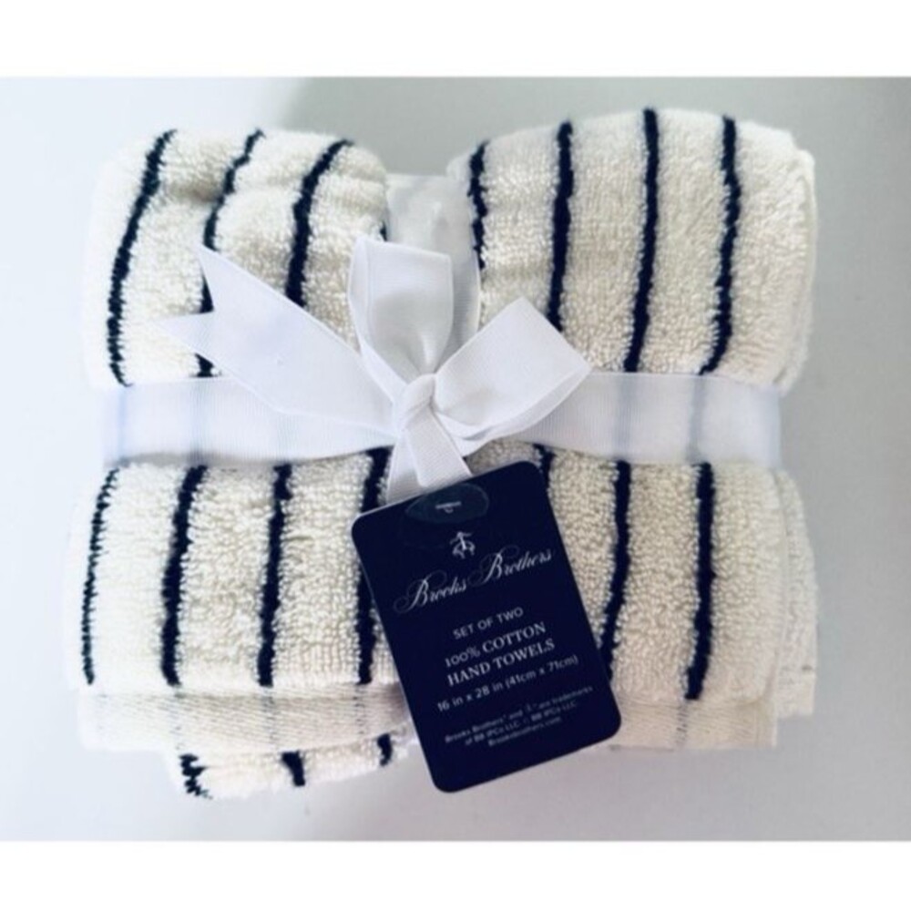 Brooks Brothers Hand Towels Ivory Black Stripe Set of 2 Thick Plush Luxury